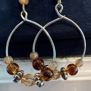 Silver and Brown Teardrop Earrings with Crystal Beads.